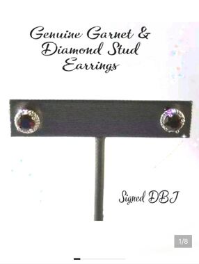 DBJ STERLING SILVER EARRINGS 2 DIAMOND GARNET STUD BUTTERFLY LOCK 2.1 G